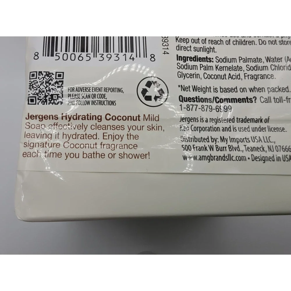 (4) Jergens Mild Coconut Bar Soap. 8 Bars Total, 3 Ounces Each